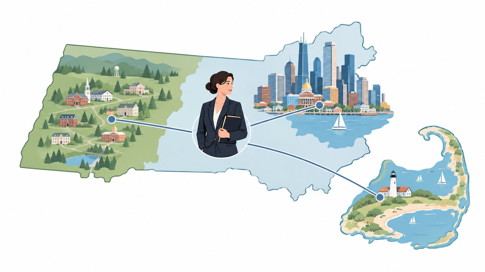 A professional woman in a suit standing before a stylized map of Massachusetts featuring diverse regional landscapes.