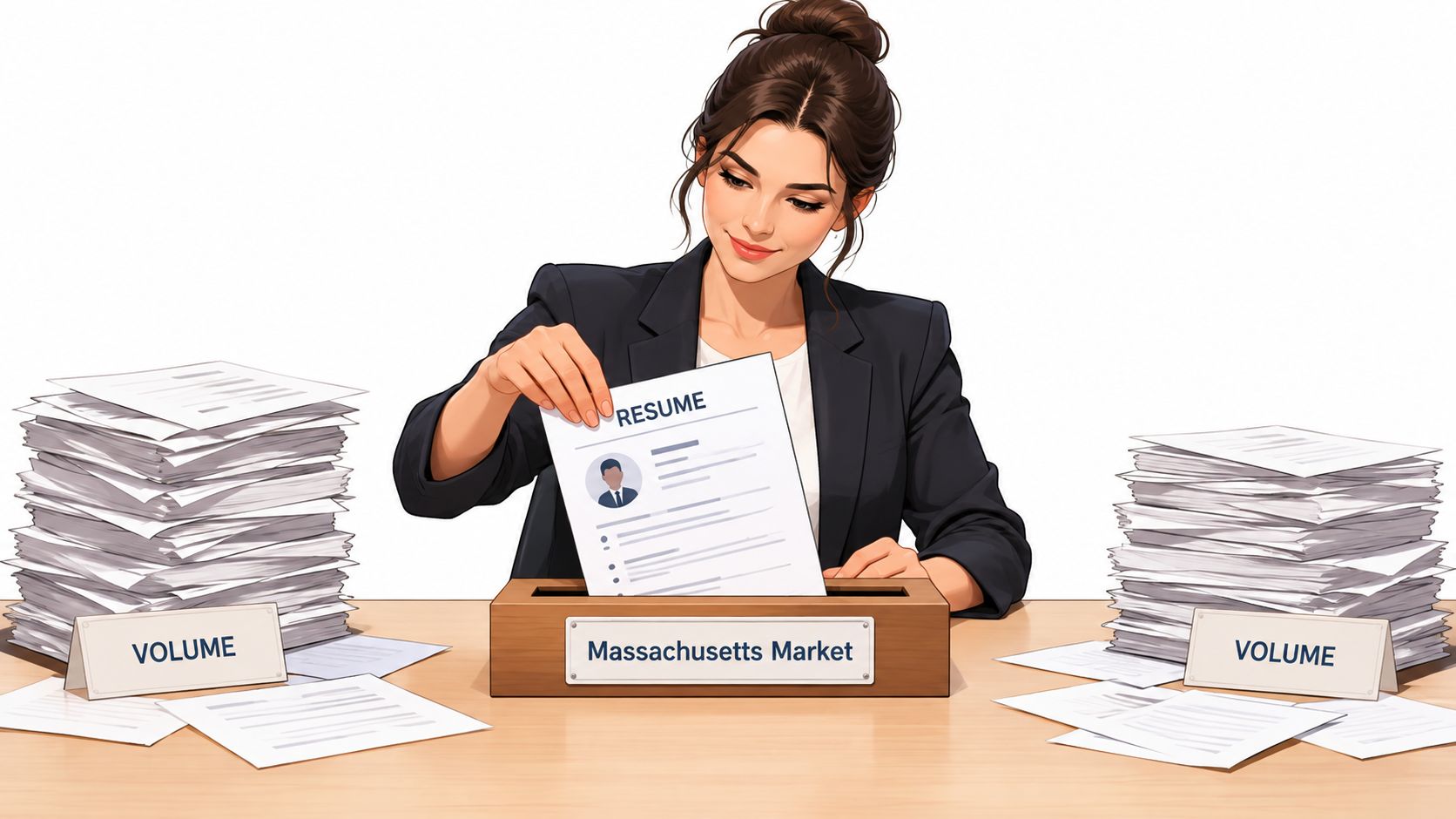 A professional woman organizing job resumes into a box labeled Massachusetts Market for high volume hiring.