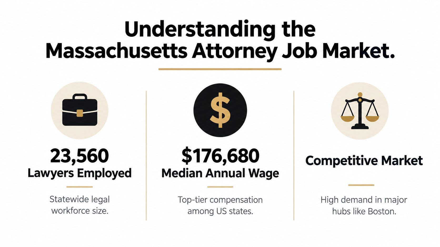 An infographic showing statistics for attorney jobs in Massachusetts, including salary and market demand information.