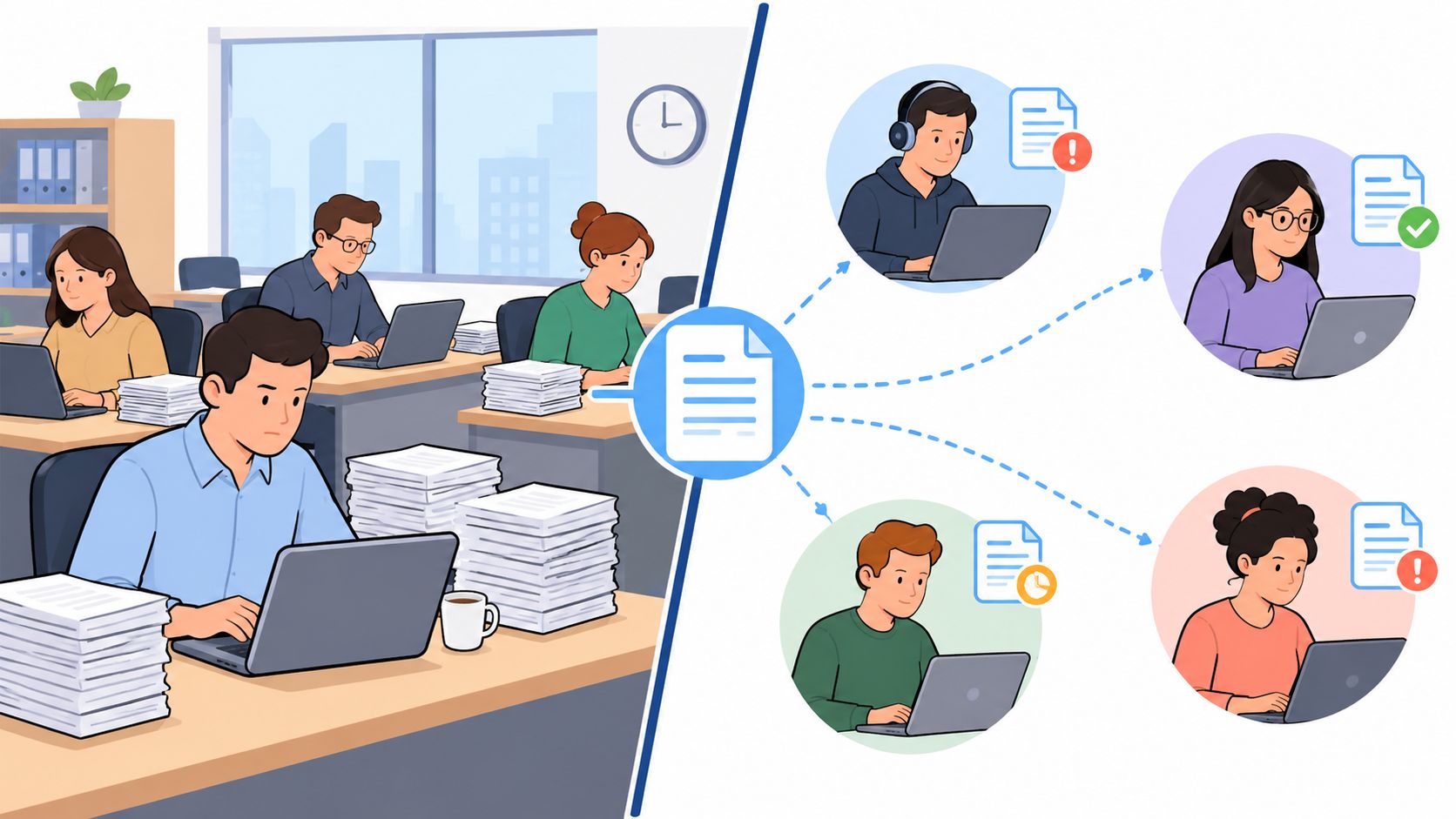 A digital illustration showing a busy office environment with workers processing documents and digital workflow automation.