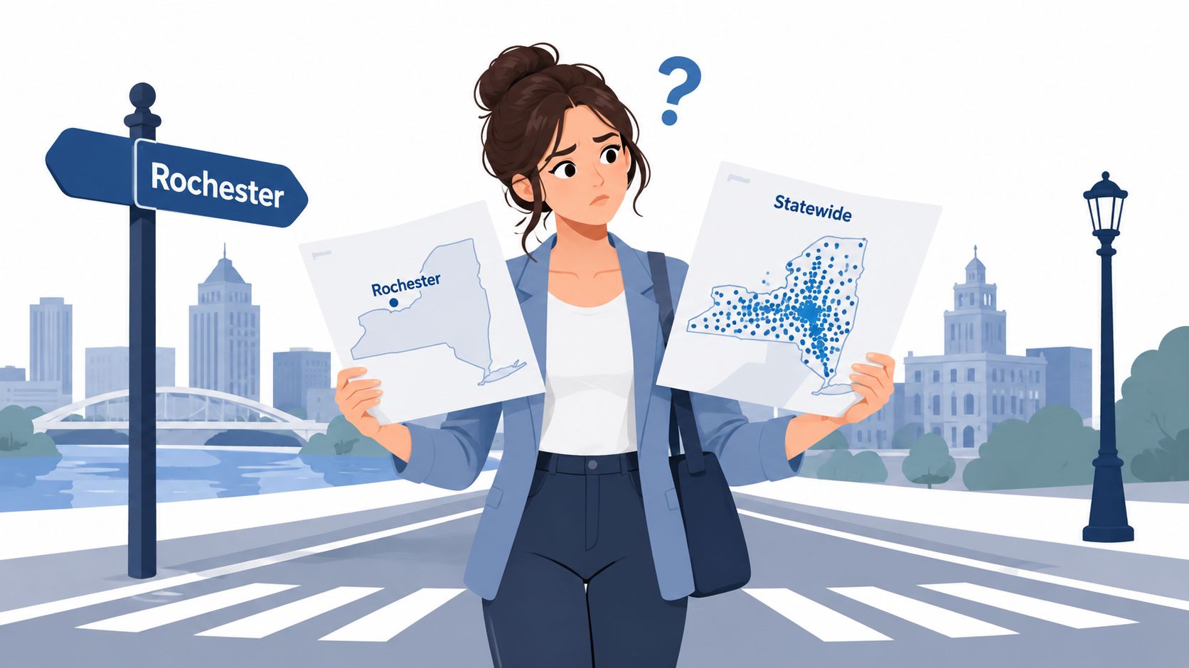 A confused woman holding maps of Rochester and New York State while standing on a city street.