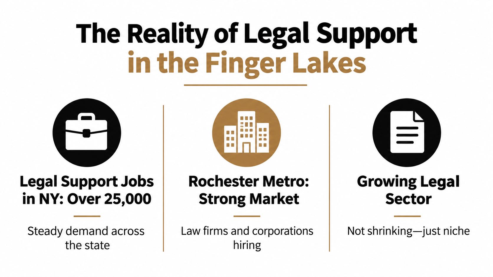 An infographic titled The Reality of Legal Support in the Finger Lakes, highlighting job market statistics.