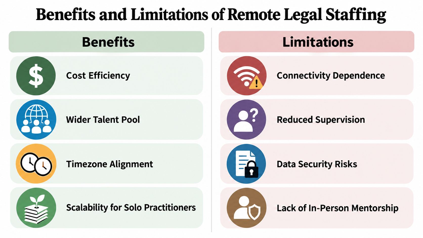 An infographic titled Benefits and Limitations of Remote Legal Staffing, highlighting advantages and disadvantages for lawyers.
