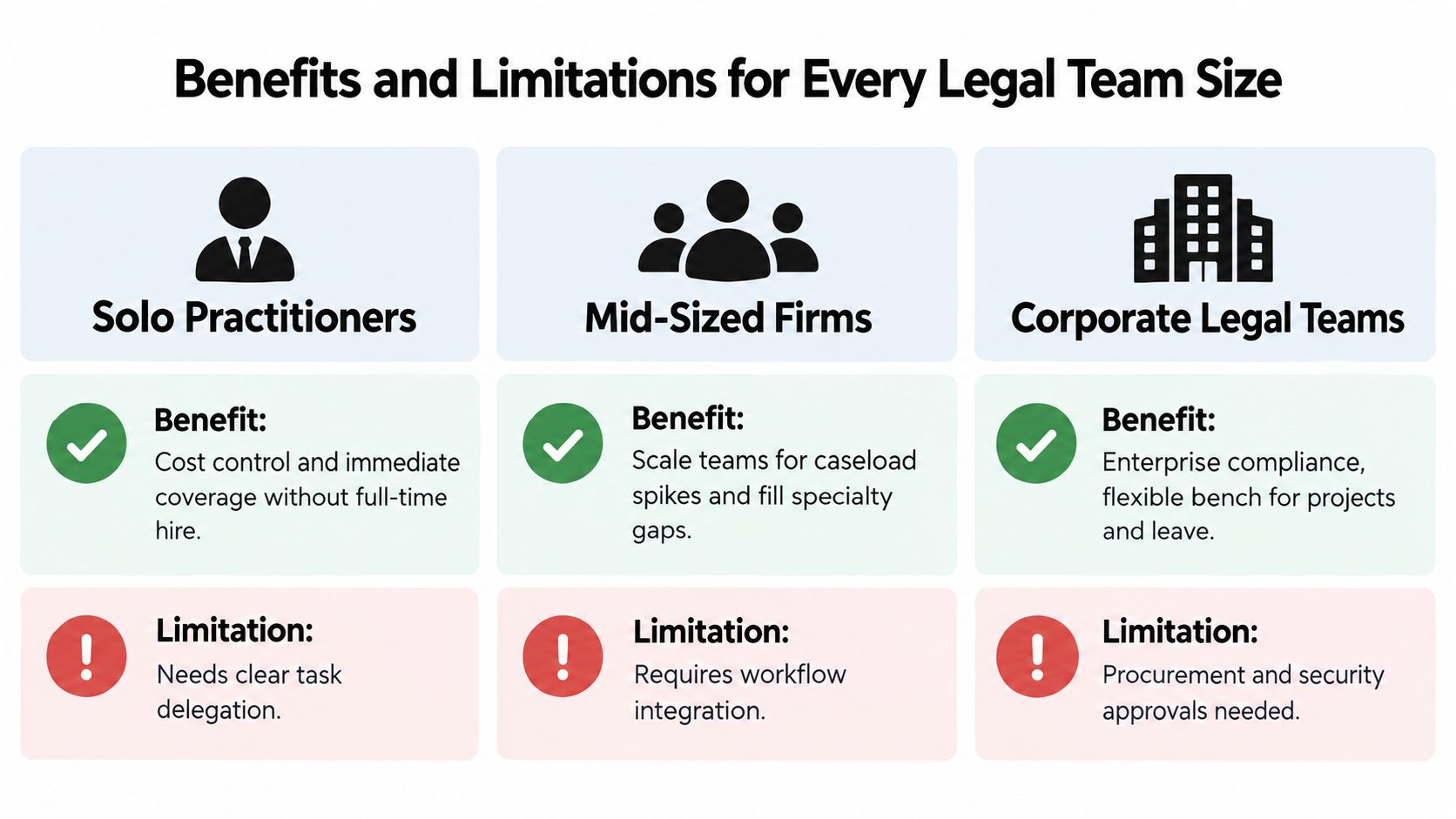 A chart comparing benefits and limitations of on-demand staffing for solo practitioners, mid-sized firms, and corporate legal teams.