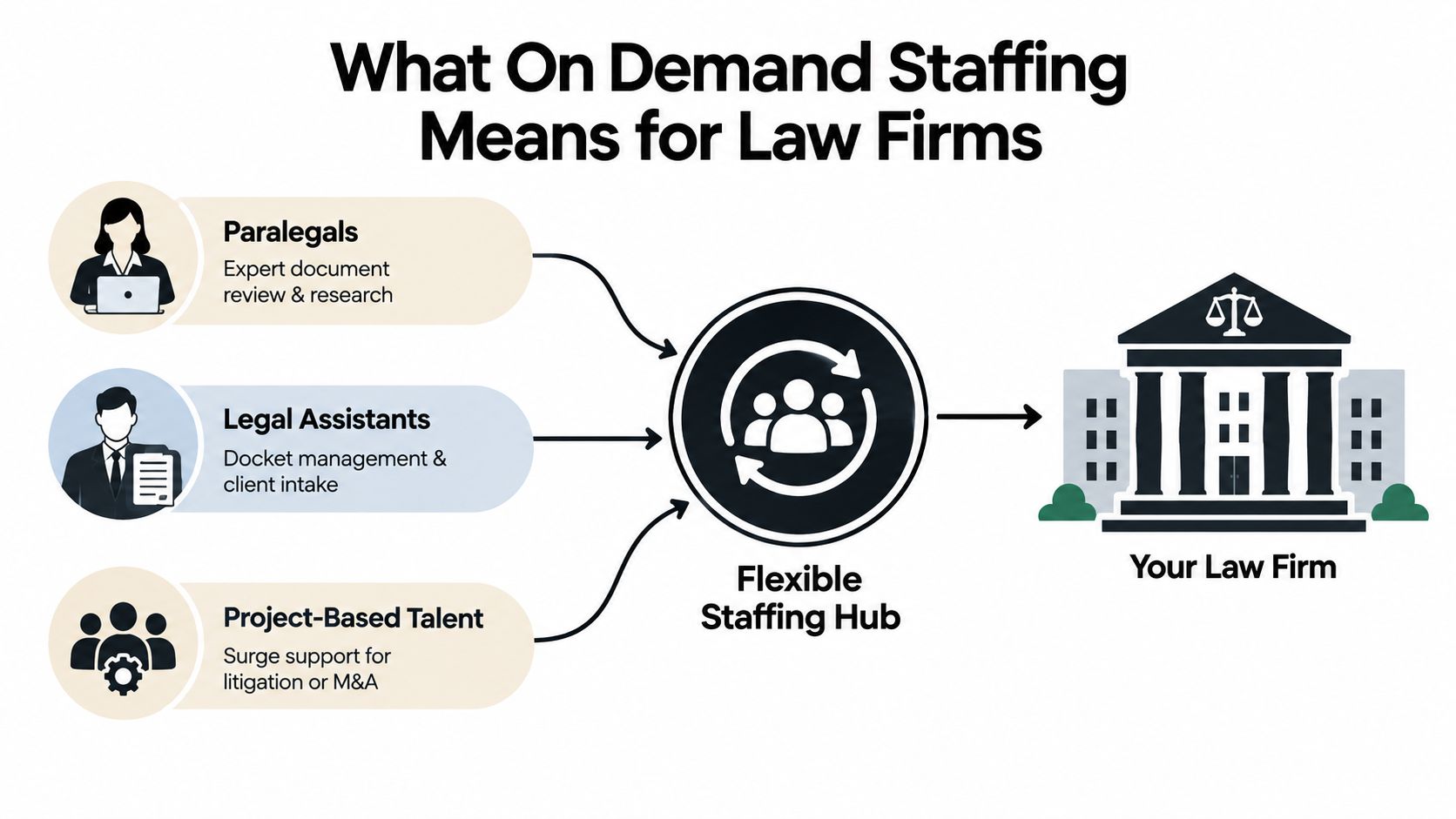 A diagram illustrating how on demand staffing provides paralegals, assistants, and project talent to law firms.
