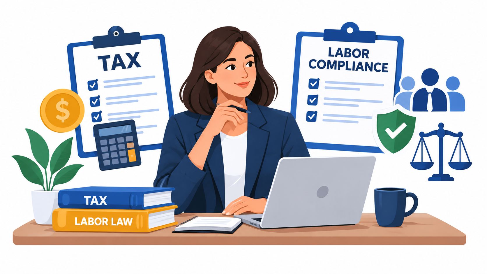 A professional woman working at a desk with tax and labor law documents and office equipment.