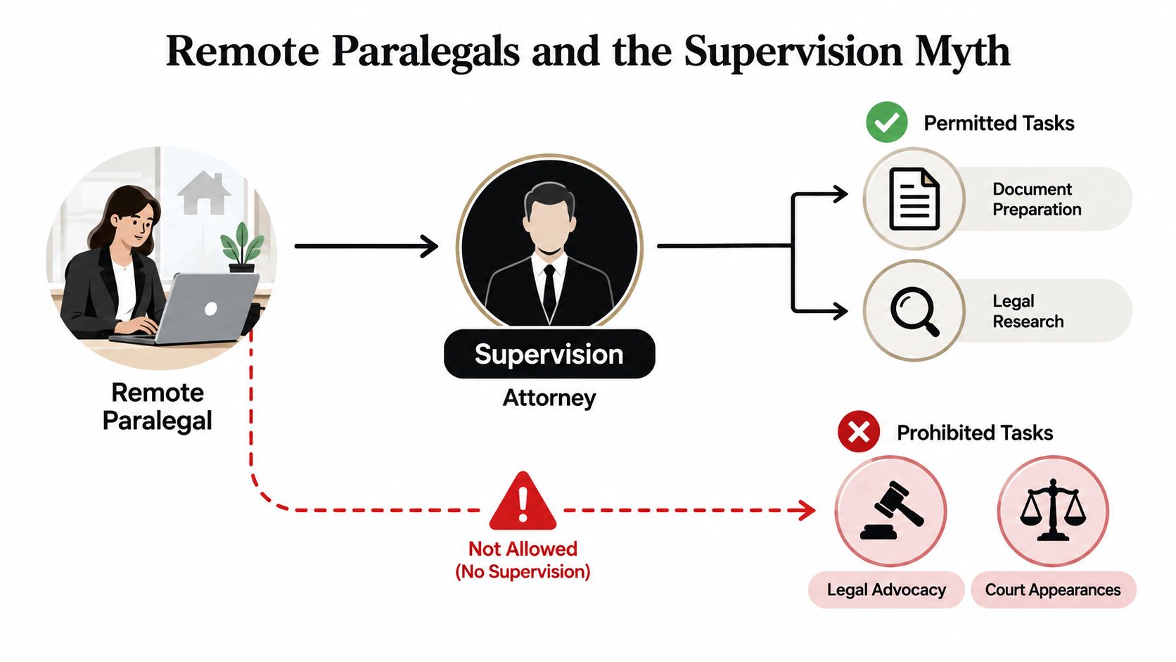 A diagram illustrating permitted and prohibited tasks for remote paralegals under attorney supervision, including research and advocacy.