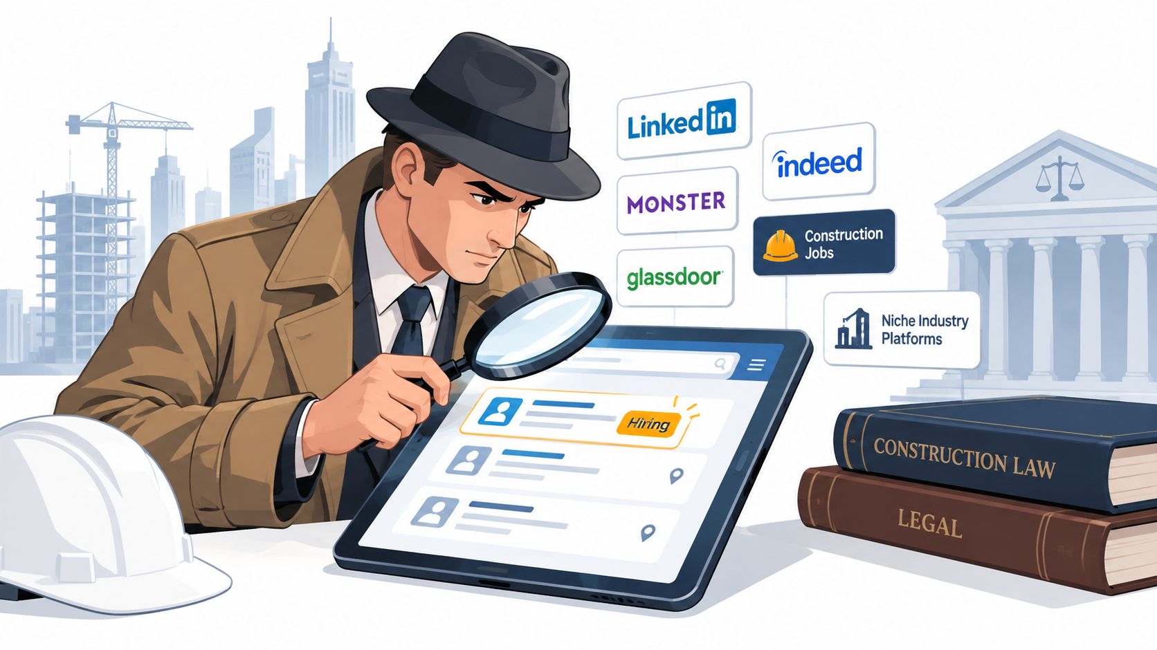 A detective with a magnifying glass searching for construction lawyer job opportunities on a digital tablet.