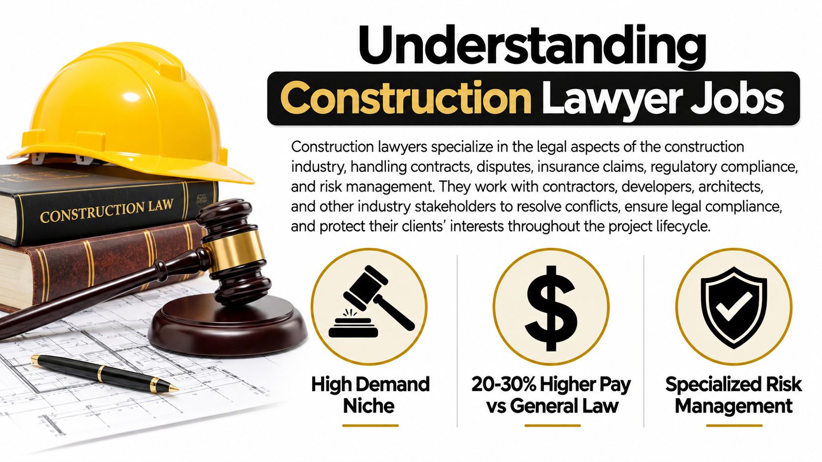 An infographic detailing construction lawyer jobs featuring a yellow hard hat, law books, a gavel, and blueprints.