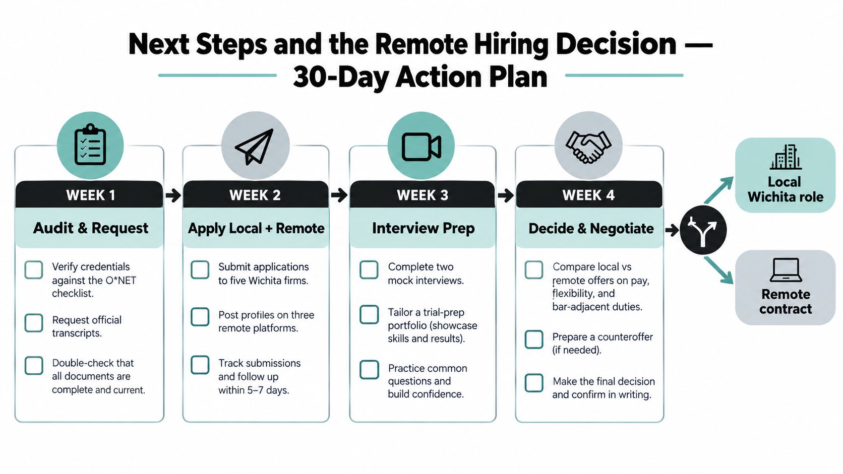 A 30-day action plan infographic for legal assistants applying to local Wichita and remote job positions.