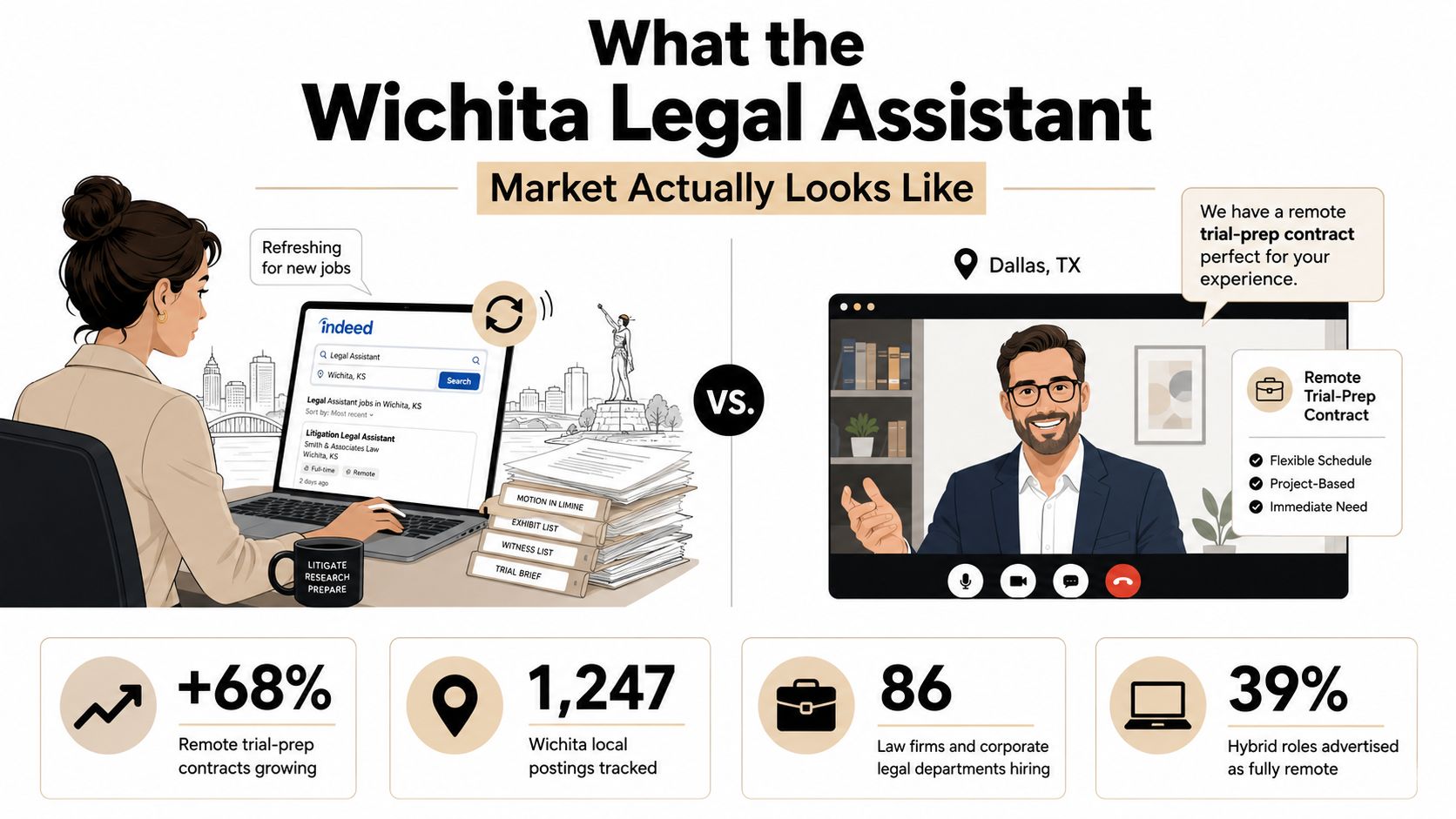 Infographic comparing local legal assistant job search in Wichita versus remote trial-prep contract opportunities for legal professionals.