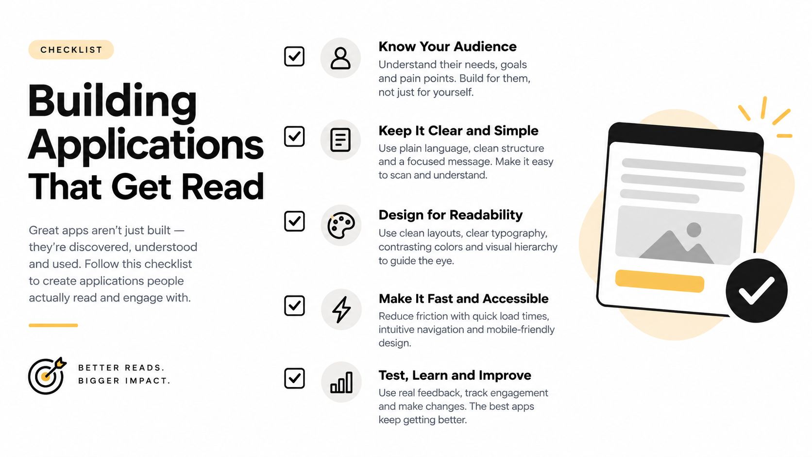 A checklist infographic titled Building Applications That Get Read providing tips for creating engaging user applications.
