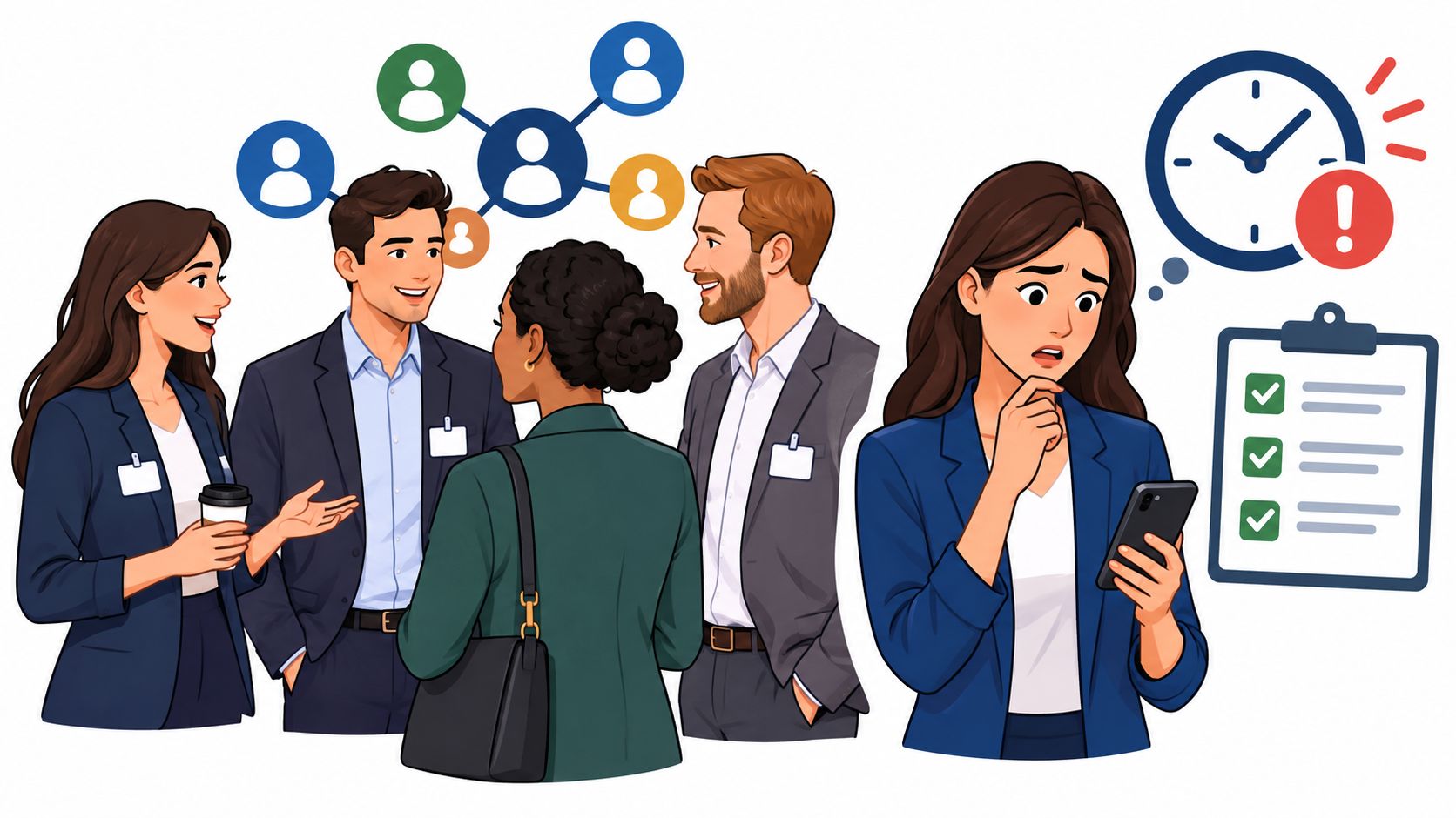 A diverse group of professionals networking with an anxious woman checking her smartphone and a task checklist.
