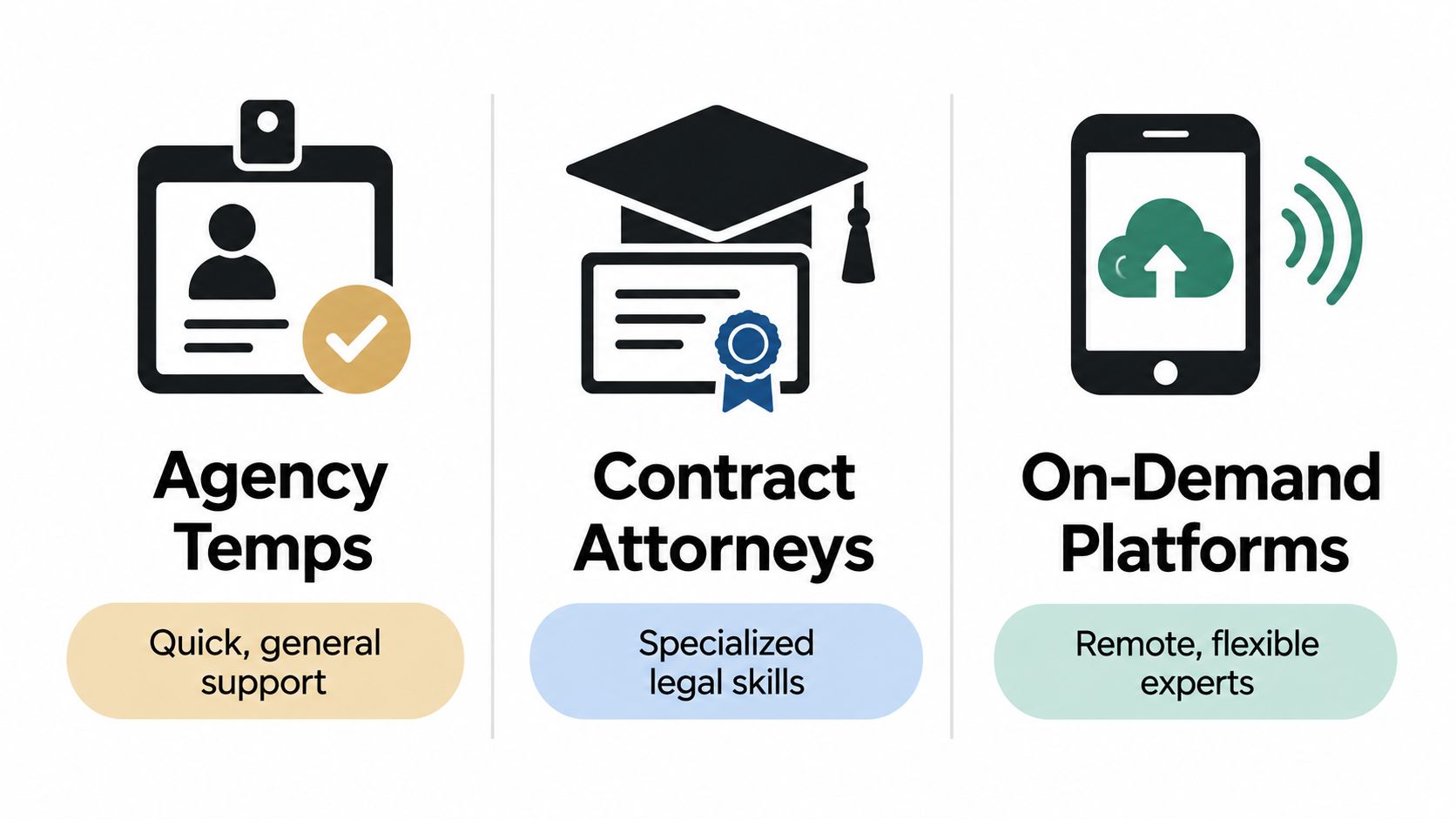 A graphic showing three types of legal staffing including agency temps, contract attorneys, and on-demand platforms.
